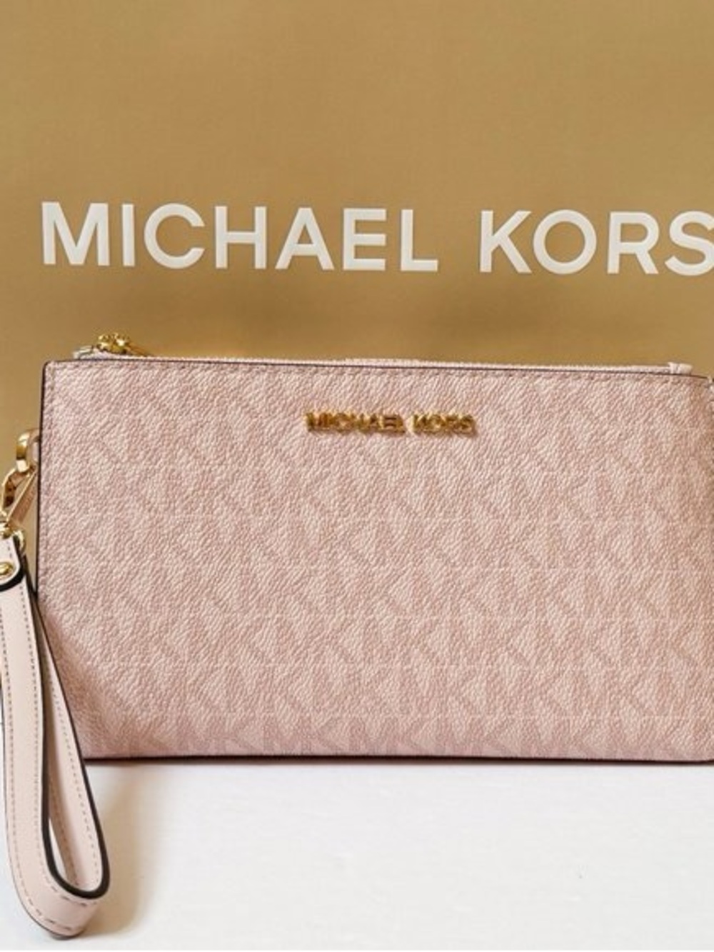 NWT Michael Kors Jet Set Double Zip Smartphone Blush Pink Logo Zip Wristlet